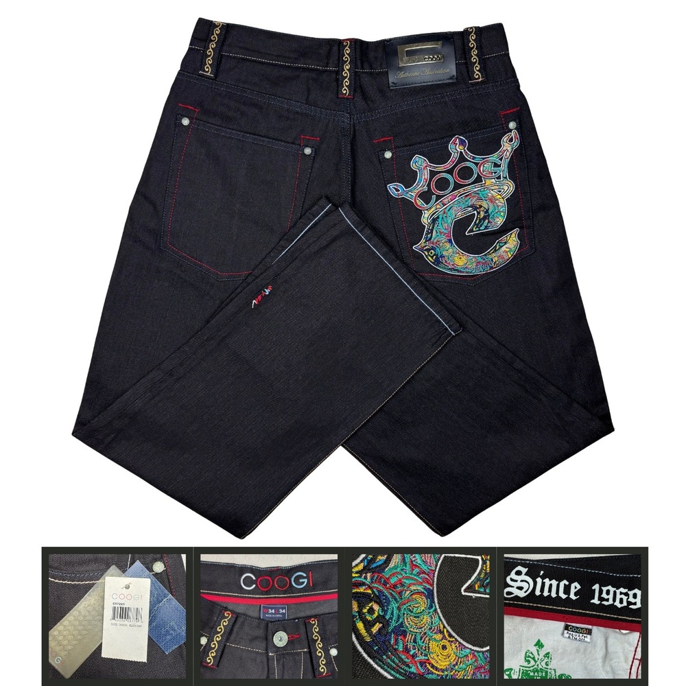 COOGI Jean Embroidered Crown Y2K Hip Hop Men 34x34 (33x33) Black Raw Denim Baggy